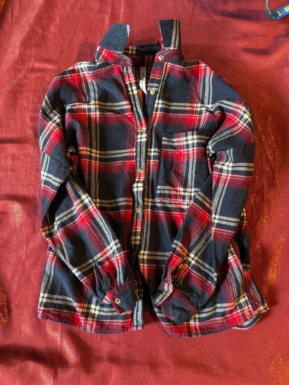 M Collection Shirt Mens M Red Navy Plaid Flannel Long Sleeve Button Up Casual